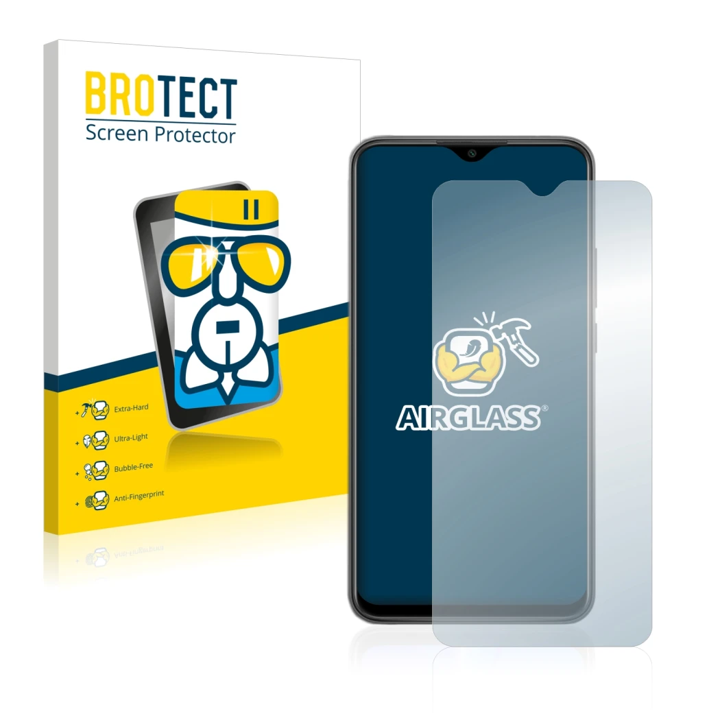 Front side of a product packaging with the brand logo BROTECT. Next to it is the device Xiaomi Redmi 9 shown with the correspo