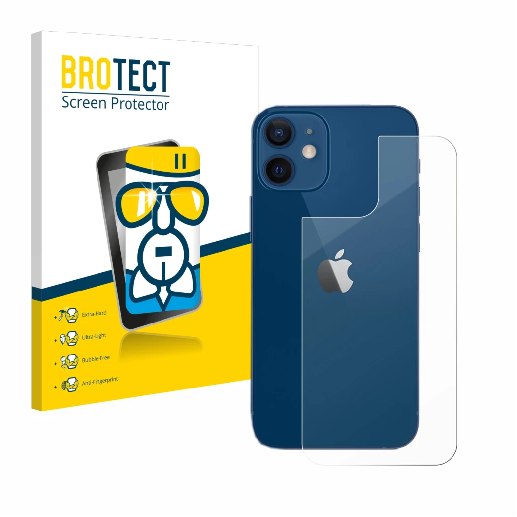 Front side of a product packaging with the brand logo BROTECT. Next to it is the device Apple iPhone 12 (Back) shown with the 