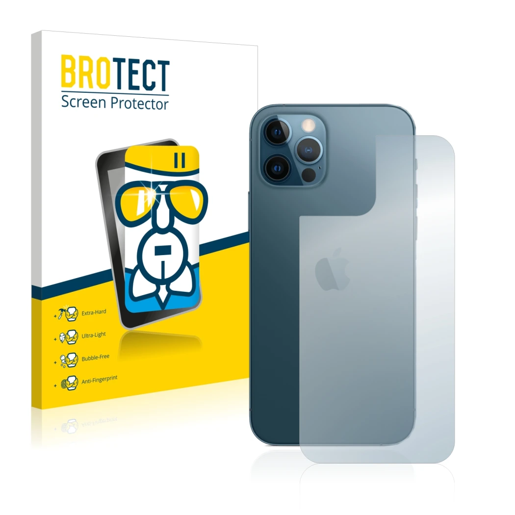 Front side of a product packaging with the brand logo BROTECT. Next to it is the device Apple iPhone 12 Pro (Back) shown with