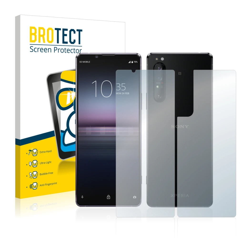 Front side of a product packaging with the brand logo BROTECT. Next to it is the device Sony Xperia 1 II (Front+Back) shown wi