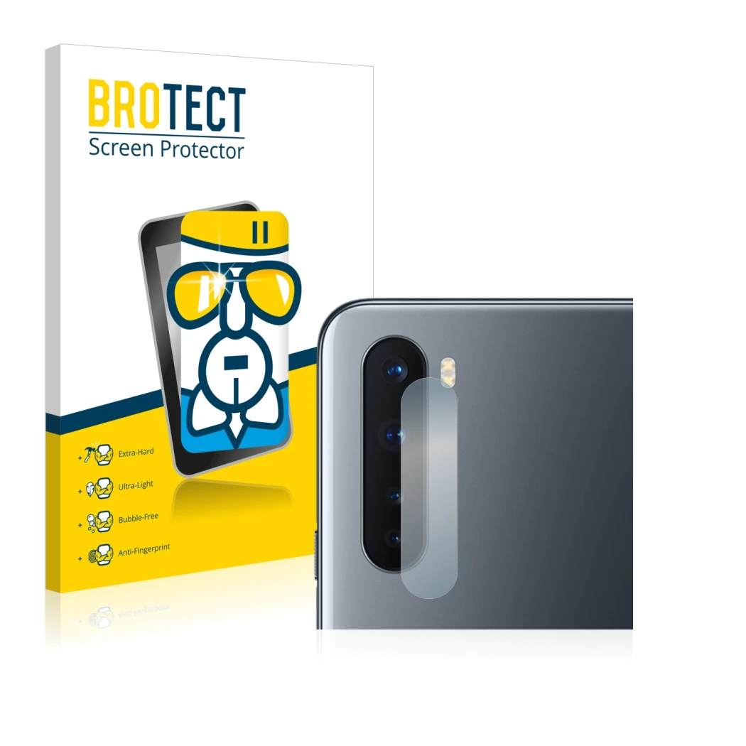 Front side of a product packaging with the brand logo BROTECT. Next to it is the device OnePlus Nord (ONLY Camera Lens) shown 