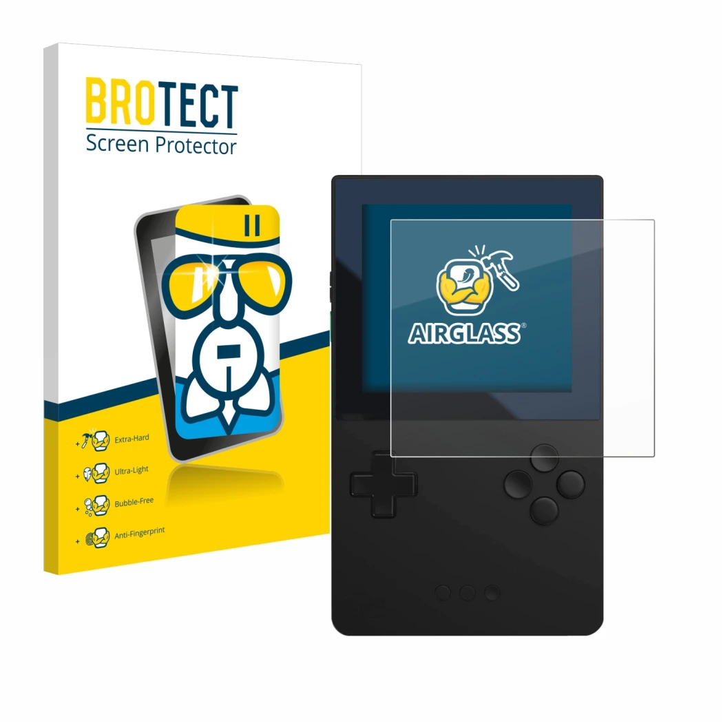 Front side of a product packaging with the brand logo BROTECT. Next to it is the device Analogue Pocket shown with the corresp