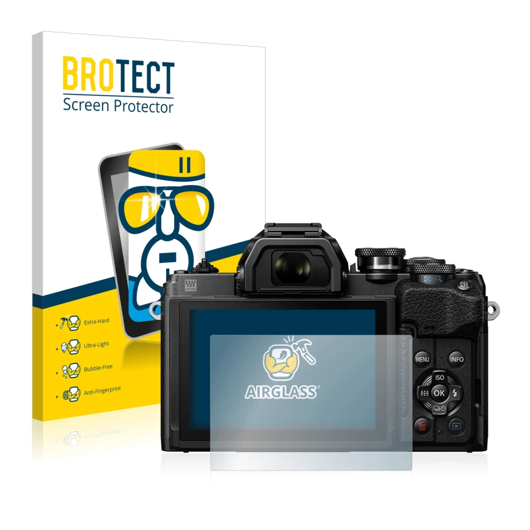 Front side of a product packaging with the brand logo BROTECT. Next to it is the device Olympus OM-D E-M10 Mark IV shown with 