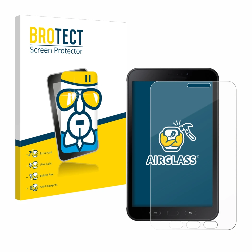 Front side of a product packaging with the brand logo BROTECT. Next to it is the device Samsung Galaxy Tab Active 2 SM-T395 sh