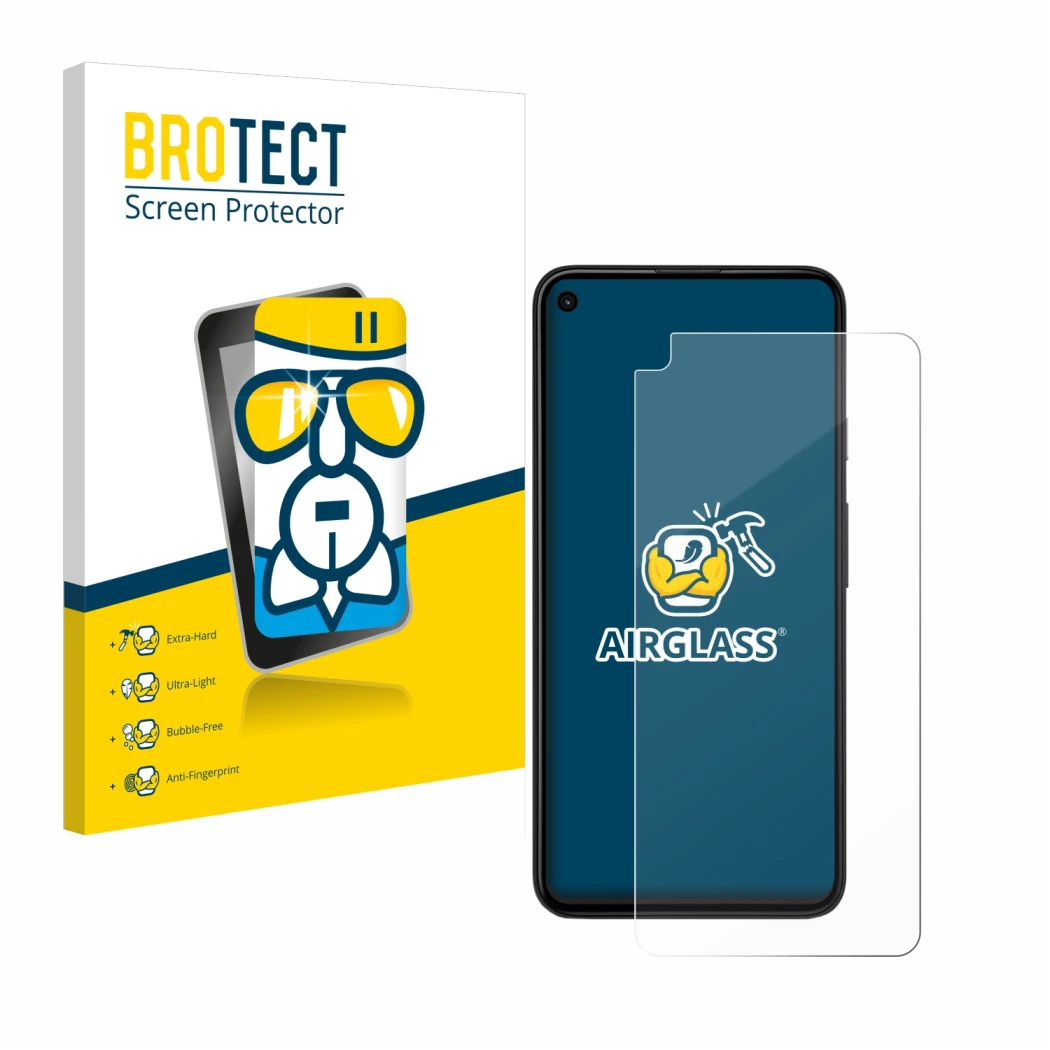 Front side of a product packaging with the brand logo BROTECT. Next to it is the device Google Pixel 4a 5G shown with the corr