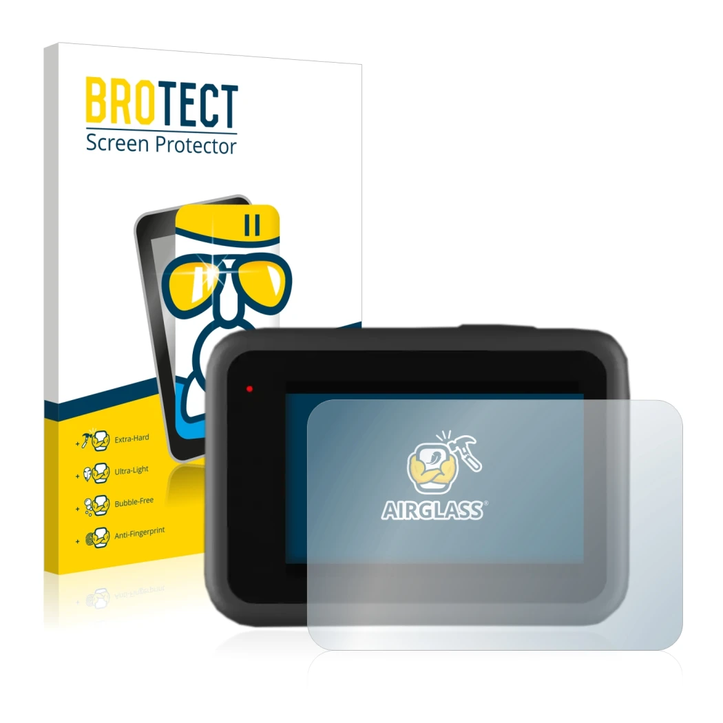 Front side of a product packaging with the brand logo BROTECT. Next to it is the device GoPro Hero 9 Black shown with the corr