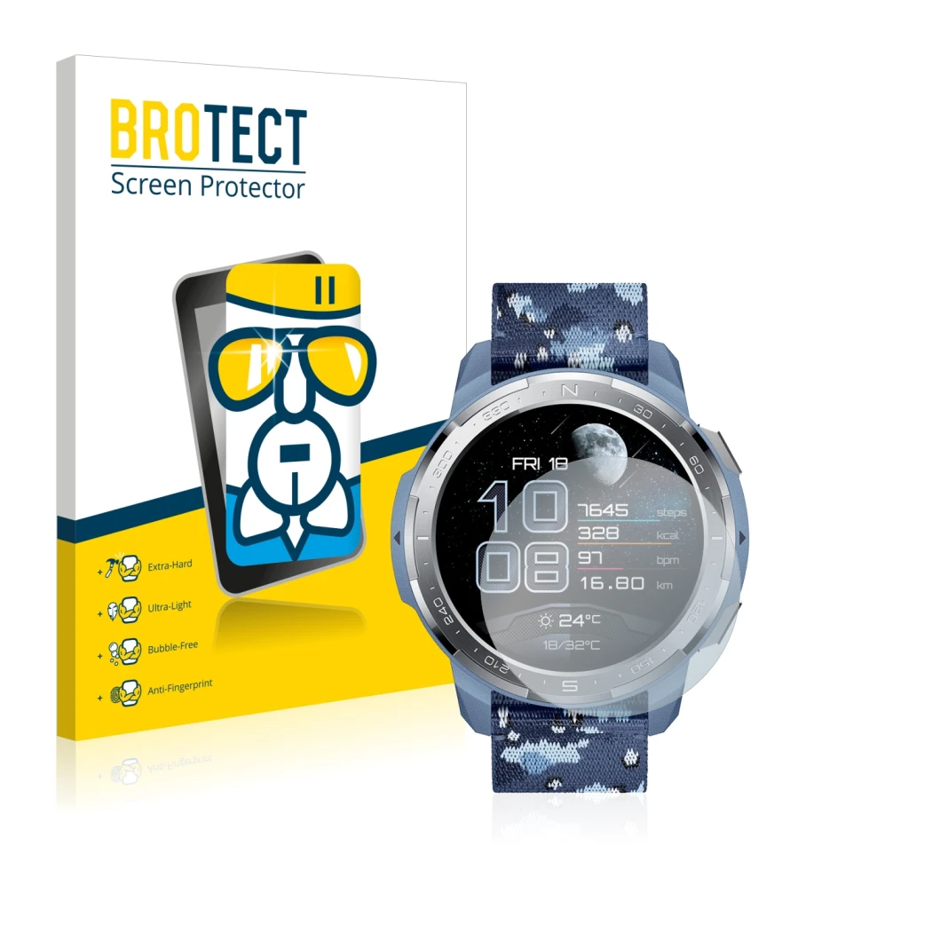 Front side of a product packaging with the brand logo BROTECT. Next to it is the device Honor Watch GS Pro shown with the corr