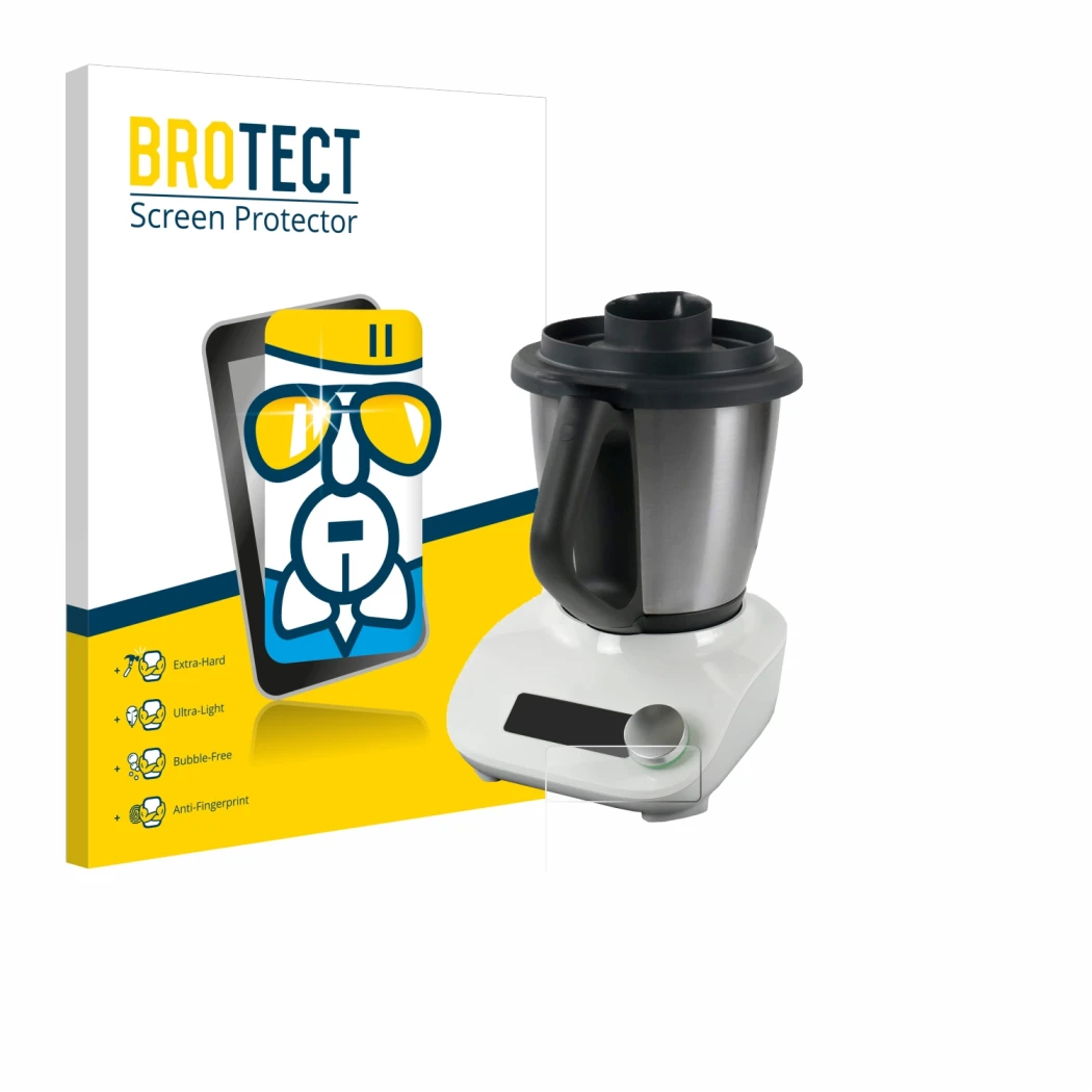 Front side of a product packaging with the brand logo BROTECT. Next to it is the device Vorwerk Thermomix Friend shown with th