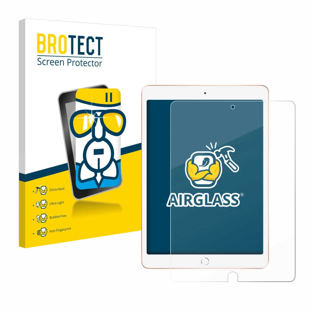 Front side of a product packaging with the brand logo BROTECT. Next to it is the device Apple iPad 10.2