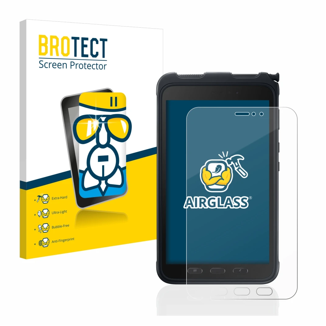 Front side of a product packaging with the brand logo BROTECT. Next to it is the device Samsung Galaxy Tab Active 3 shown with