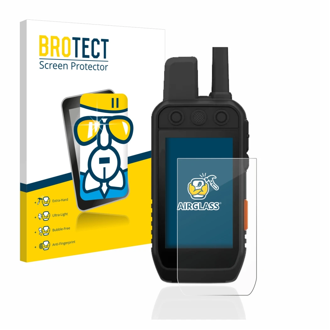 Front side of a product packaging with the brand logo BROTECT. Next to it is the device Garmin Alpha 200 K shown with the corr