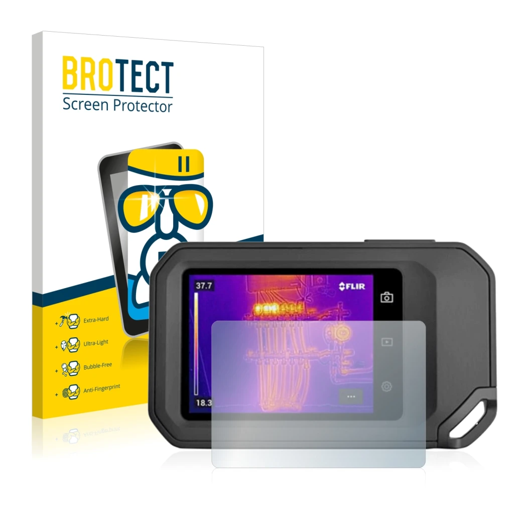 Front side of a product packaging with the brand logo BROTECT. Next to it is the device Flir C5 shown with the corresponding s