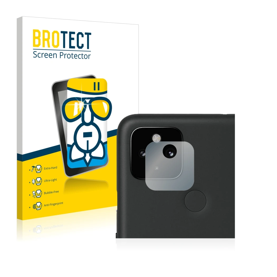 Front side of a product packaging with the brand logo BROTECT. Next to it is the device Google Pixel 4a 5G (ONLY Camera Lens)