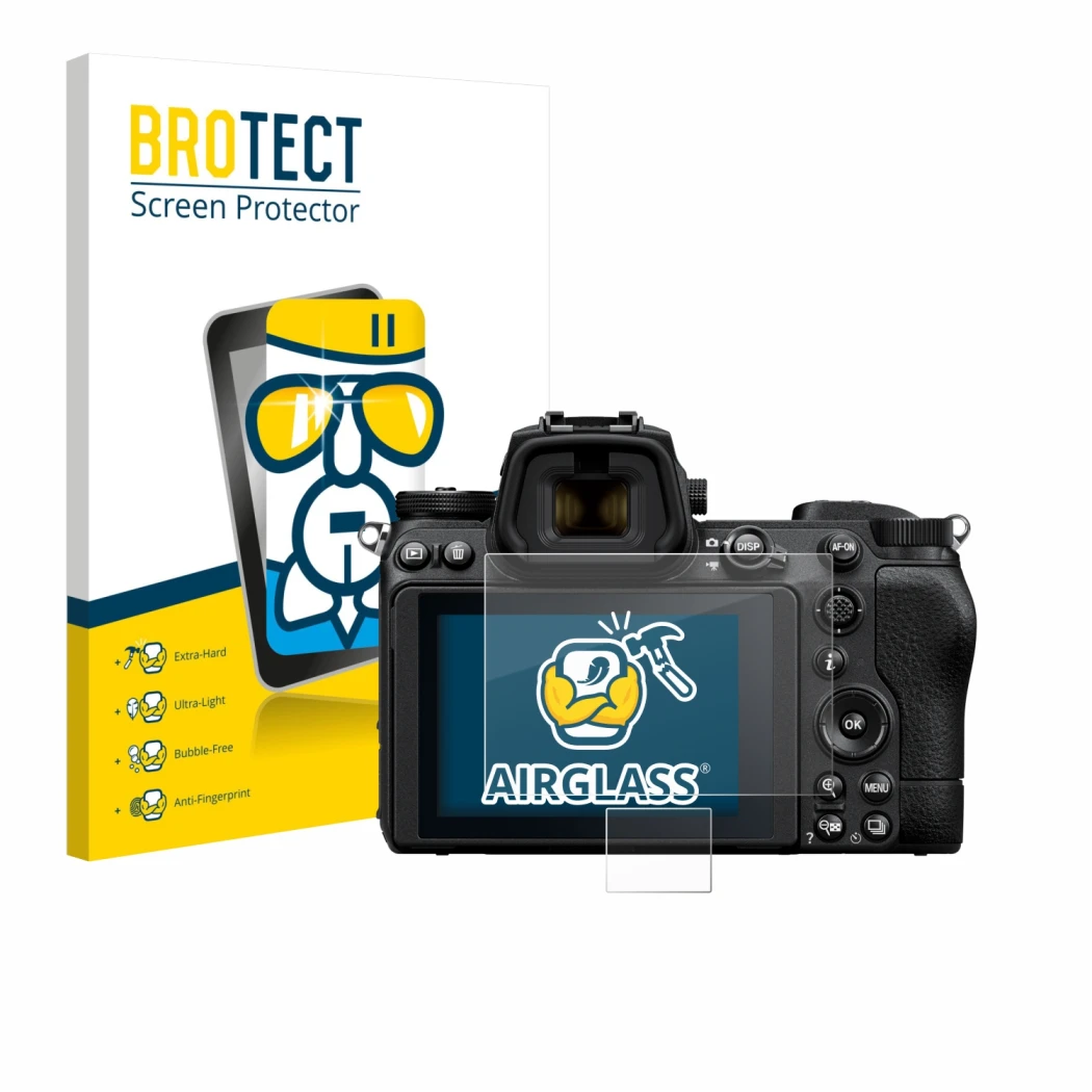 Front side of a product packaging with the brand logo BROTECT. Next to it is the device Nikon Z 6 II shown with the correspond