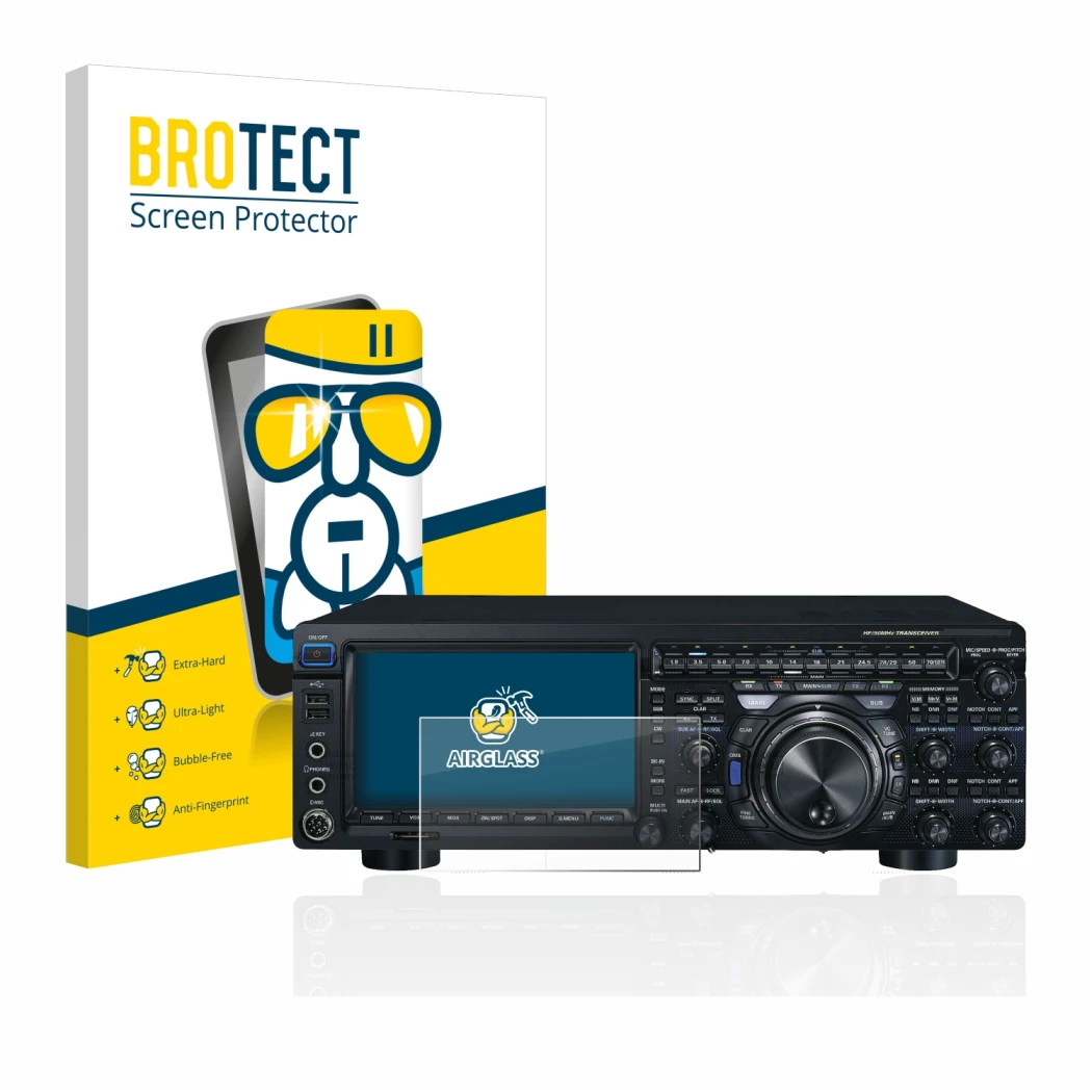 Front side of a product packaging with the brand logo BROTECT. Next to it is the device Yaesu FT-DX101D shown with the corresp