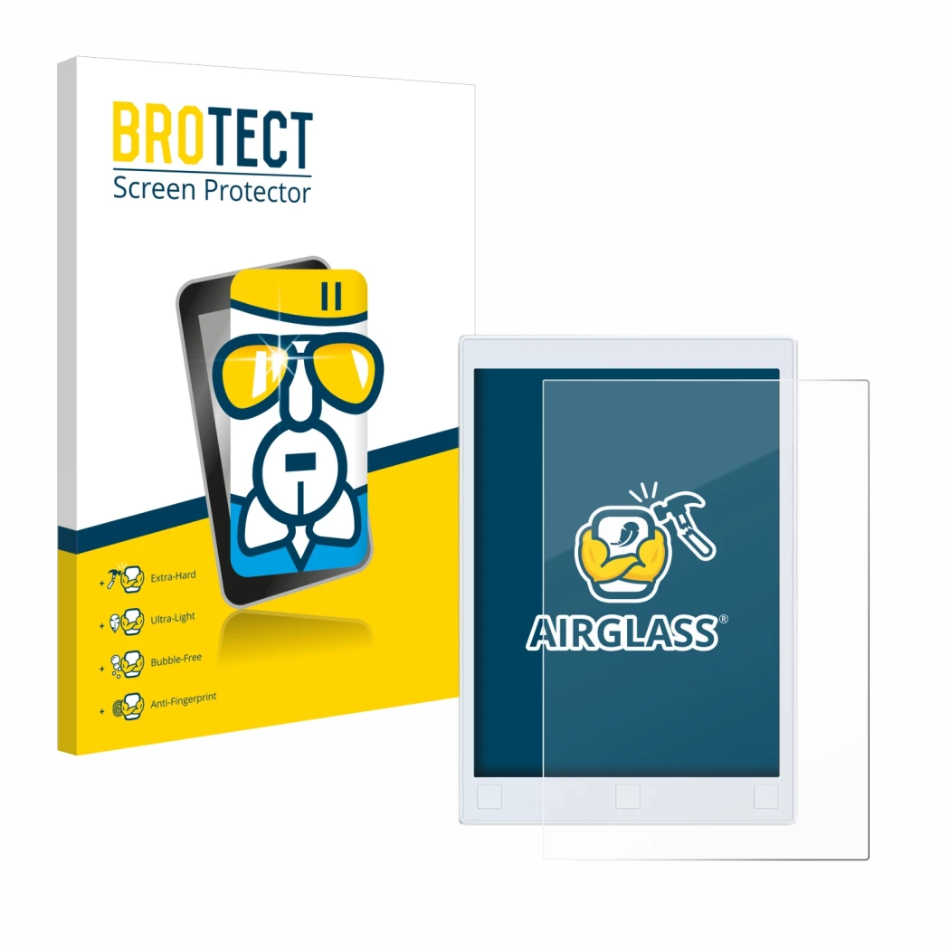 Front side of a product packaging with the brand logo BROTECT. Next to it is the device reMarkable 2 shown with the correspond