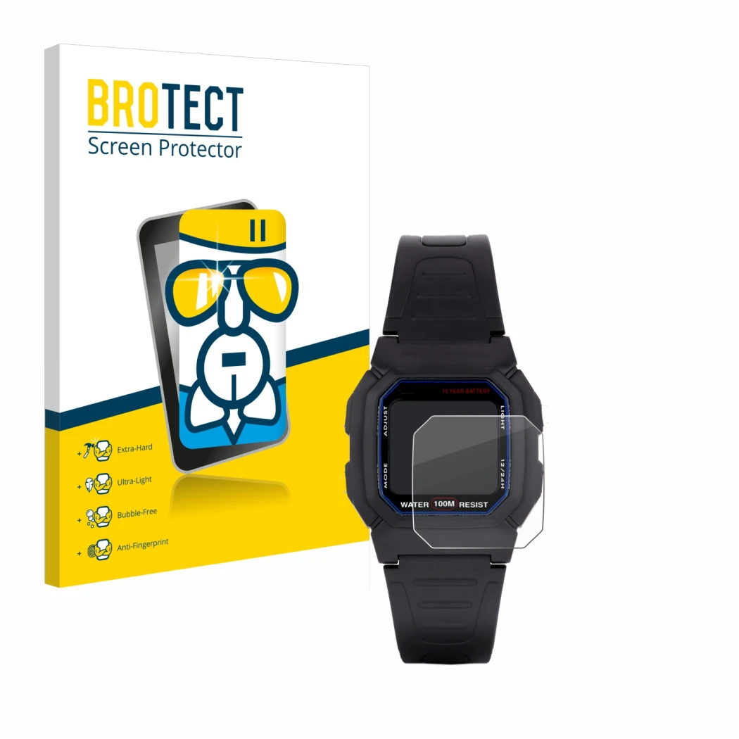 Front side of a product packaging with the brand logo BROTECT. Next to it is the device Casio W-800H-1AVES shown with the corr