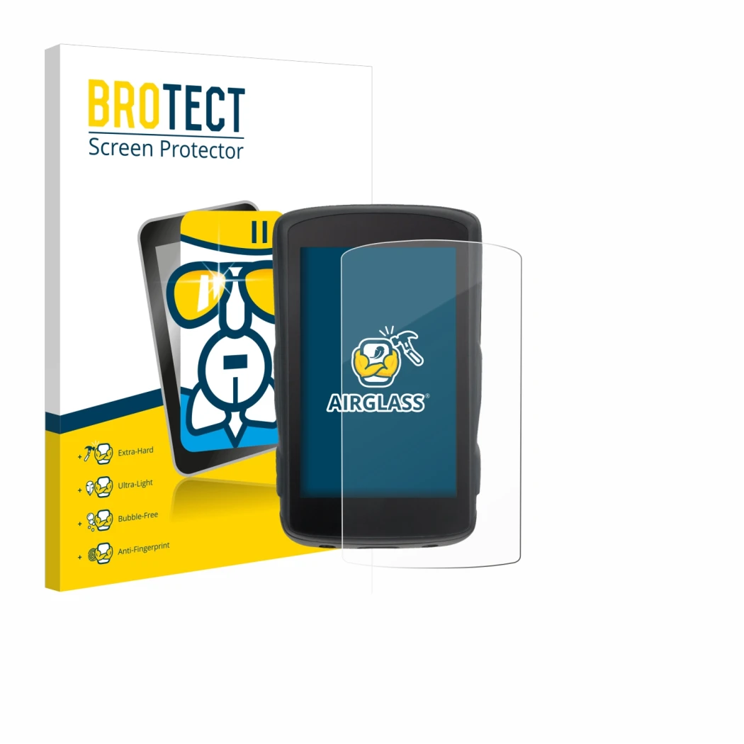 Front side of a product packaging with the brand logo BROTECT. Next to it is the device Hammerhead Karoo 2 shown with the corr