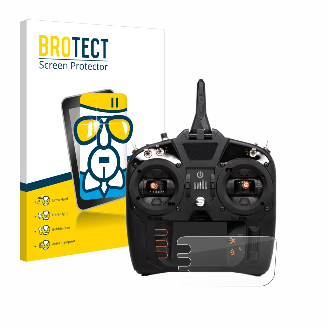 Front side of a product packaging with the brand logo BROTECT. Next to it is the device Spektrum NX8 shown with the correspond