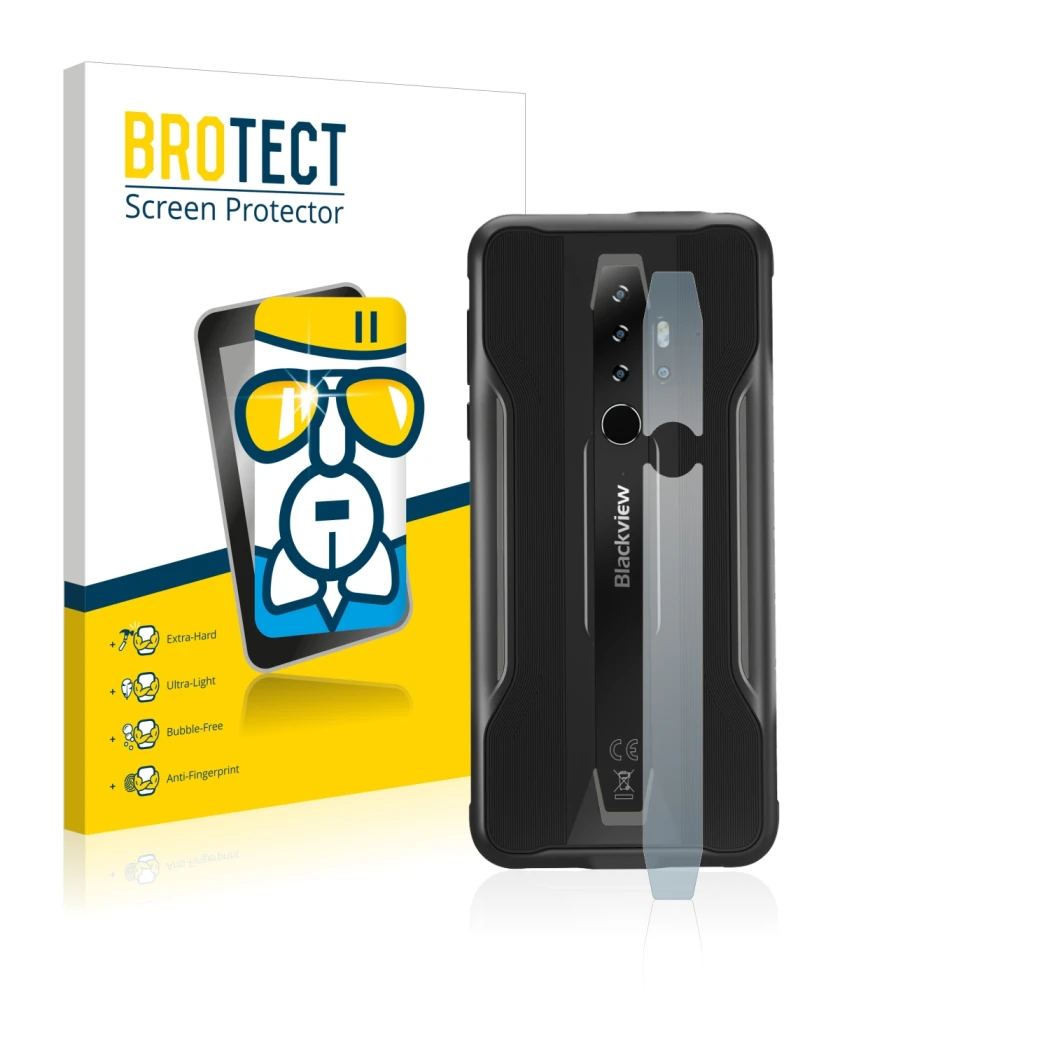 Front side of a product packaging with the brand logo BROTECT. Next to it is the device Blackview BV6300 Pro (ONLY Camera Lens
