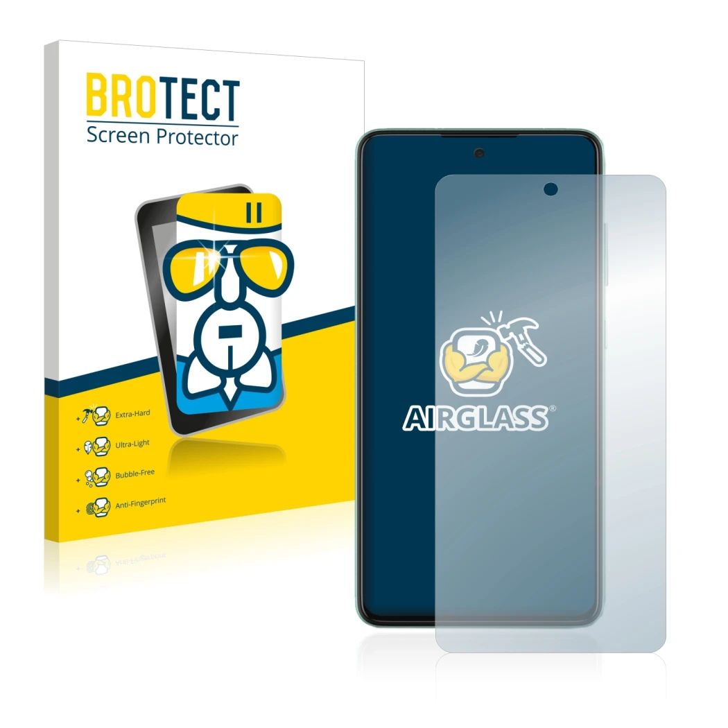 Front side of a product packaging with the brand logo BROTECT. Next to it is the device Samsung Galaxy A52 shown with the corr