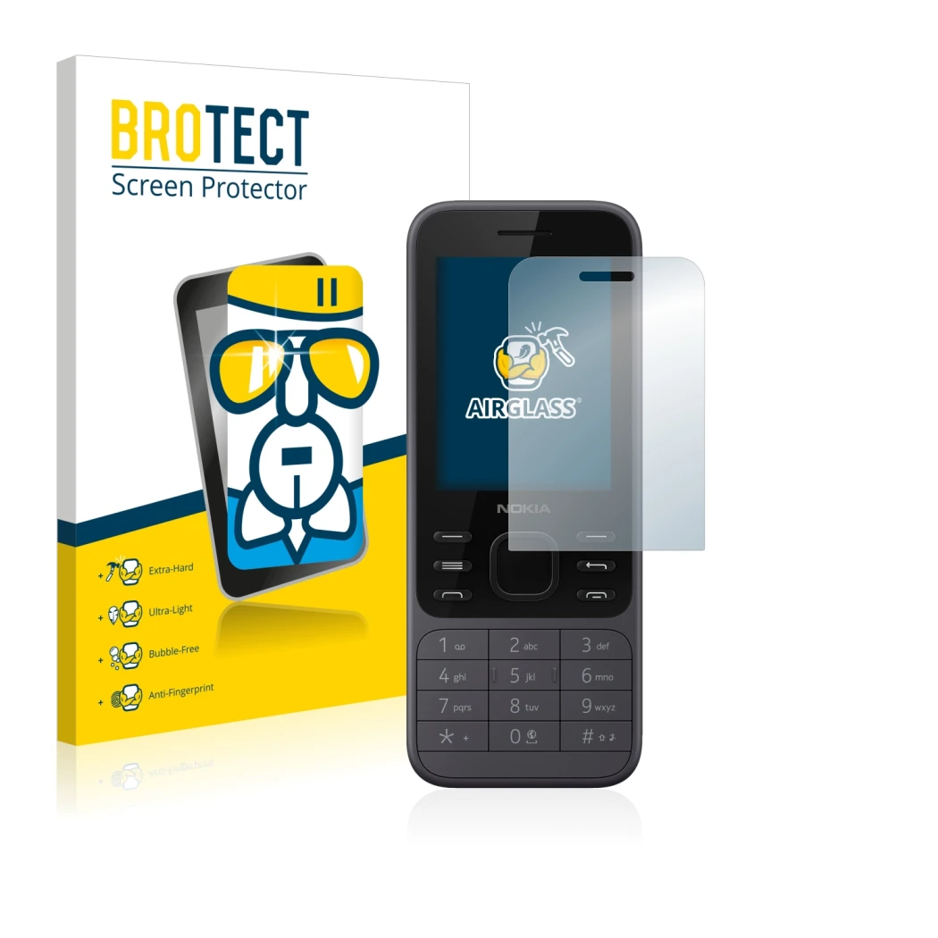 Front side of a product packaging with the brand logo BROTECT. Next to it is the device Nokia 6300 2020 shown with the corresp