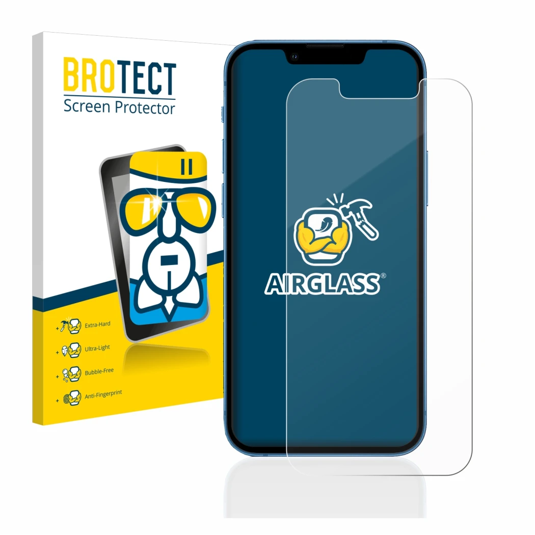 Front side of a product packaging with the brand logo BROTECT. Next to it is the device Apple iPhone 13 mini shown with the co