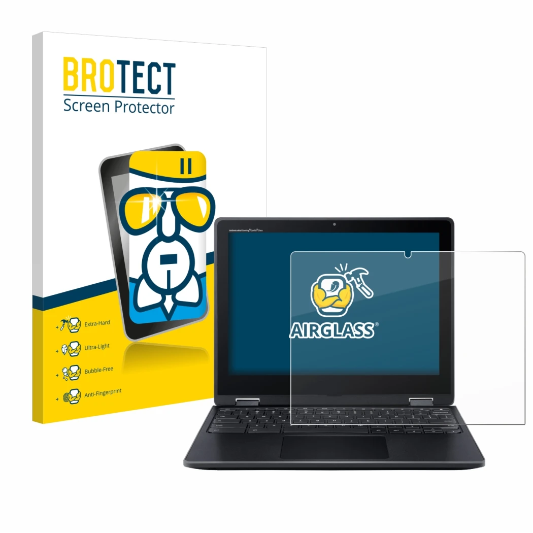 Front side of a product packaging with the brand logo BROTECT. Next to it is the device Acer Chromebook Spin 512 shown with th