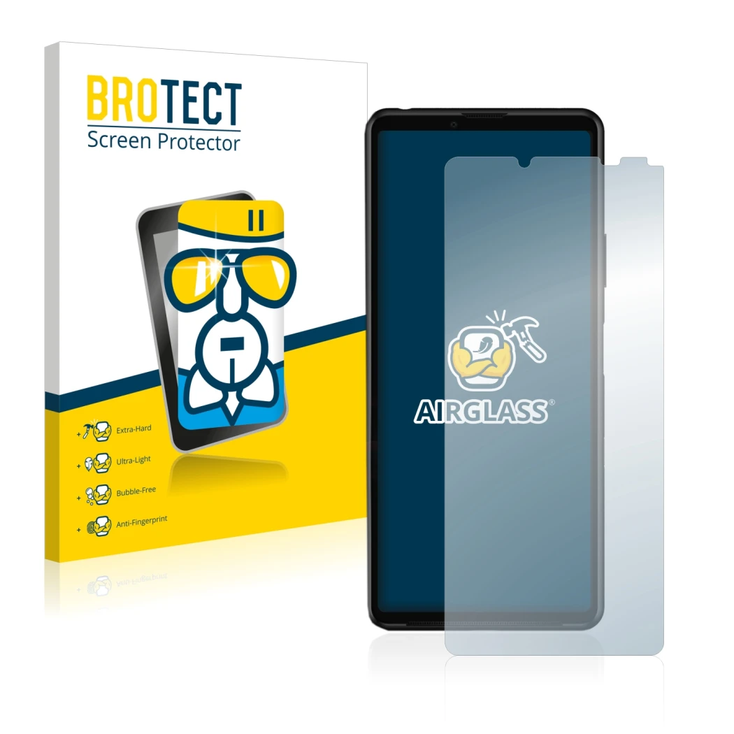 Front side of a product packaging with the brand logo BROTECT. Next to it is the device Sony Xperia 10 III shown with the corr