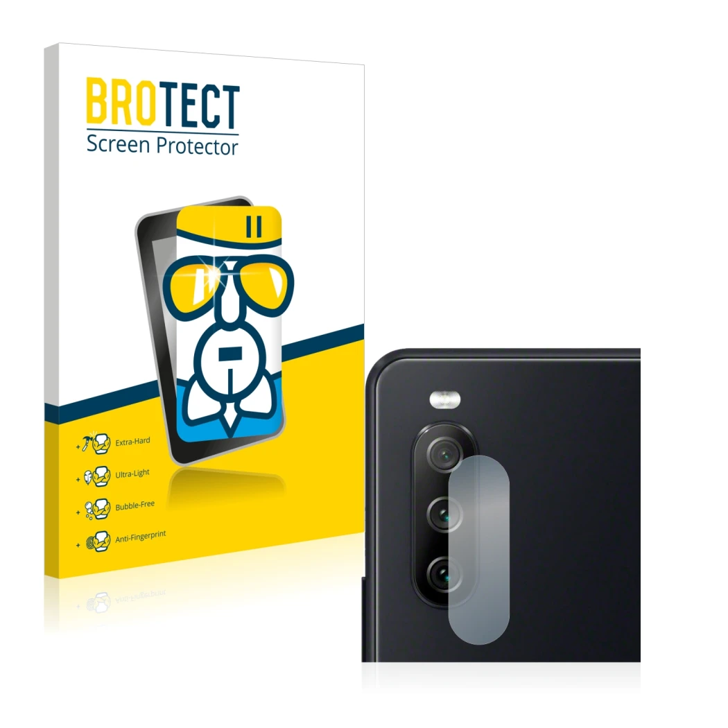 Front side of a product packaging with the brand logo BROTECT. Next to it is the device Sony Xperia 10 III (ONLY Camera Lens)