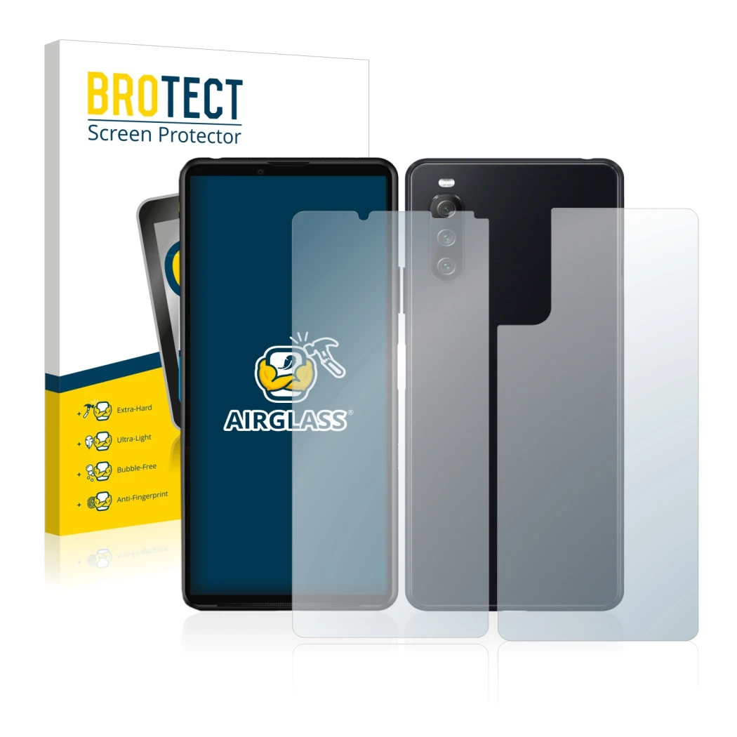 Front side of a product packaging with the brand logo BROTECT. Next to it is the device Sony Xperia 10 III (Front+Back) shown 