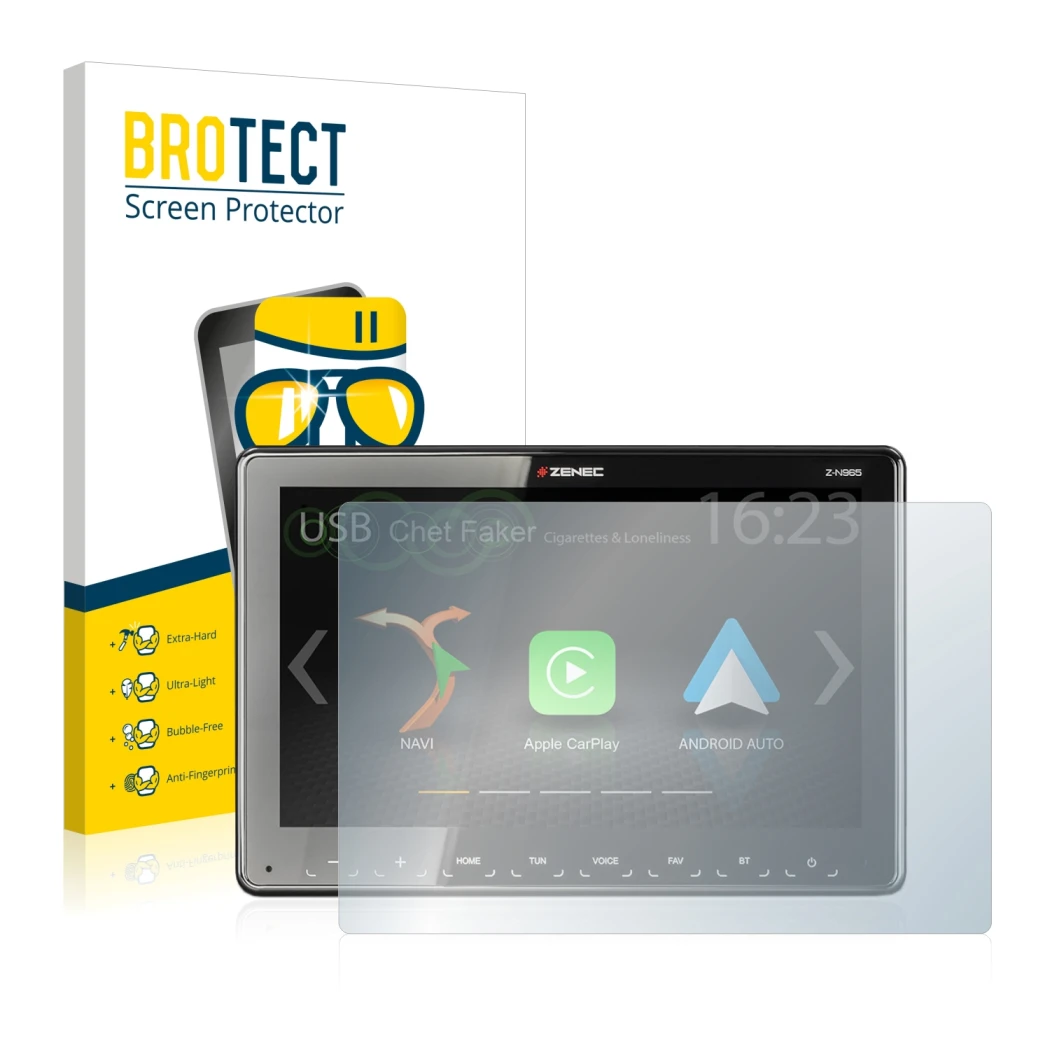 Front side of a product packaging with the brand logo BROTECT. Next to it is the device Zenec Z-N965 shown with the correspond