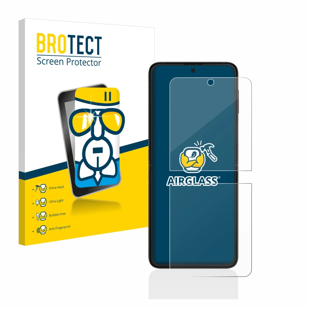 Front side of a product packaging with the brand logo BROTECT. Next to it is the device Samsung Galaxy Z Flip 3 5G shown with
