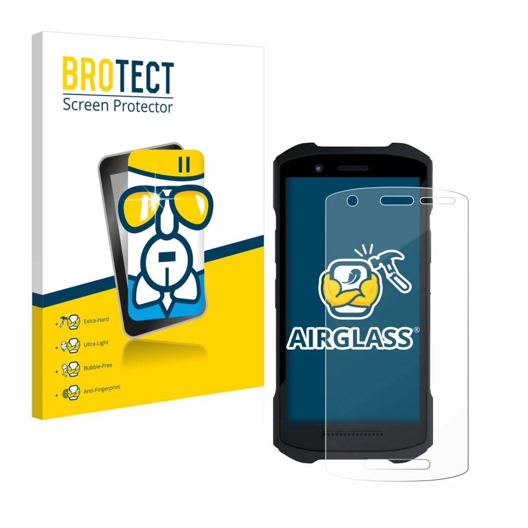 Front side of a product packaging with the brand logo BROTECT. Next to it is the device Zebra TC26 shown with the correspondin