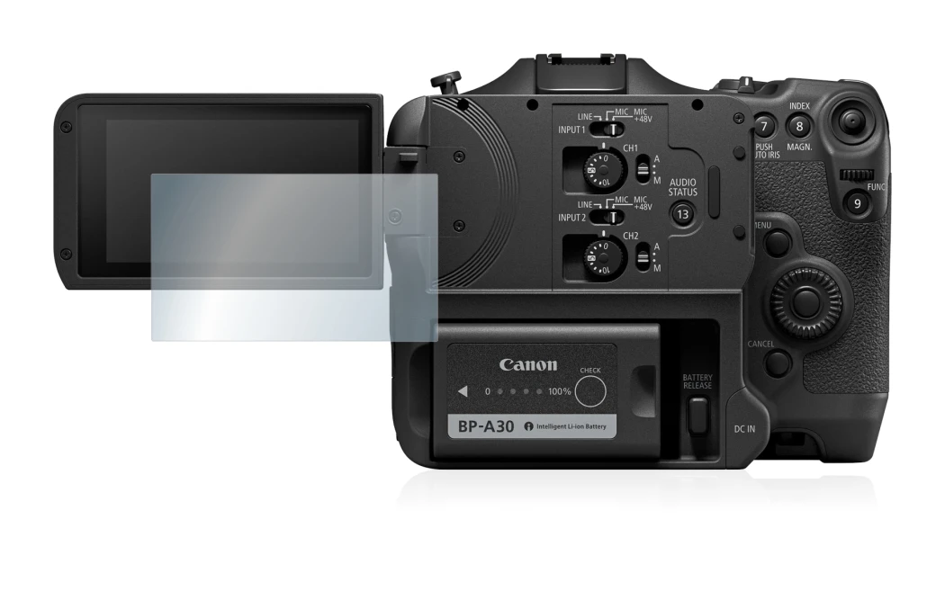 Image of the device Canon EOS C70 with a wide variety of screen protectors.