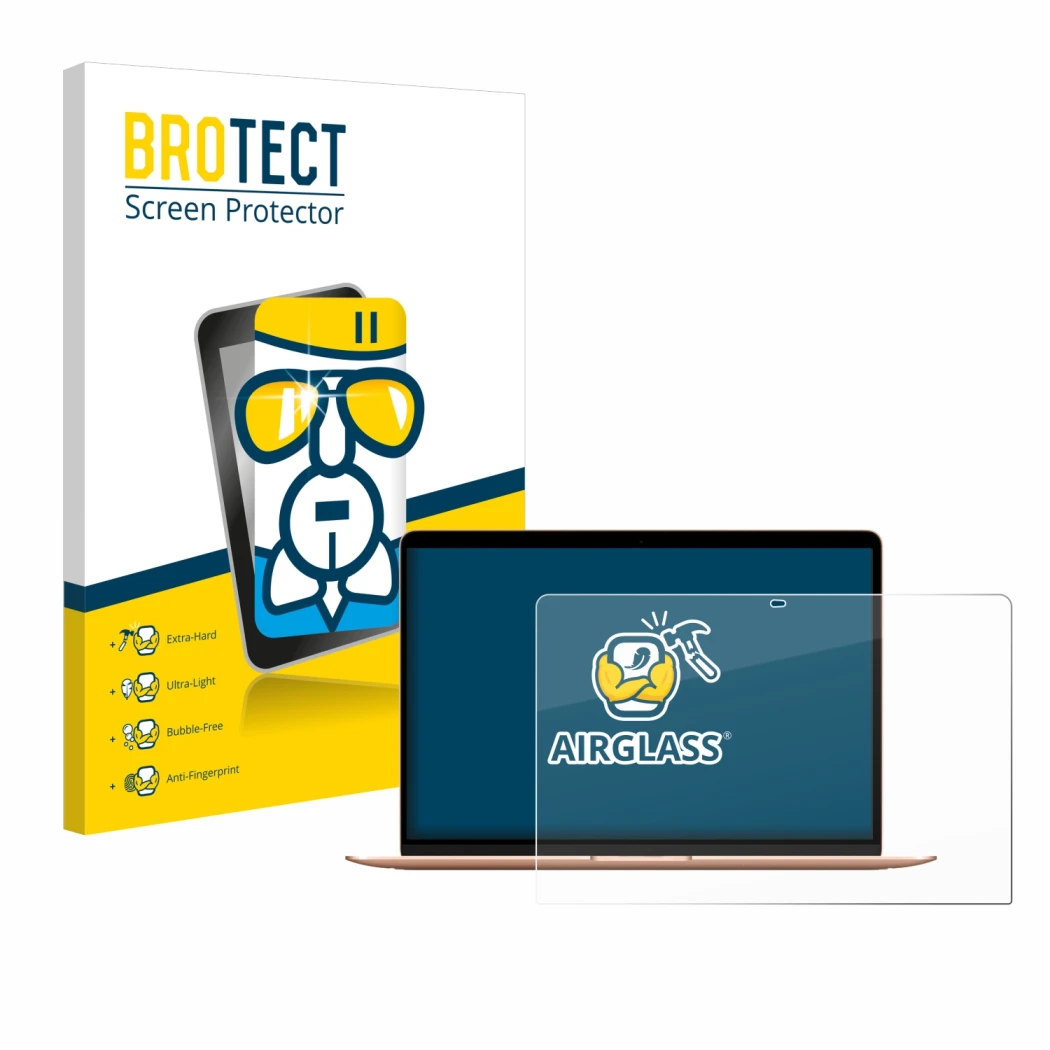 Front side of a product packaging with the brand logo BROTECT. Next to it is the device Apple MacBook Air M1 2020 shown with t