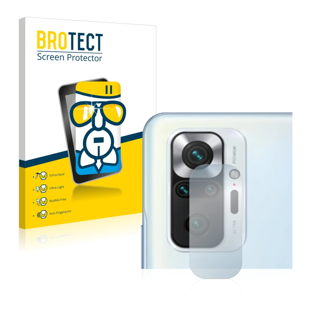 Front side of a product packaging with the brand logo BROTECT. Next to it is the device Xiaomi Redmi Note 10S (ONLY Camera Len