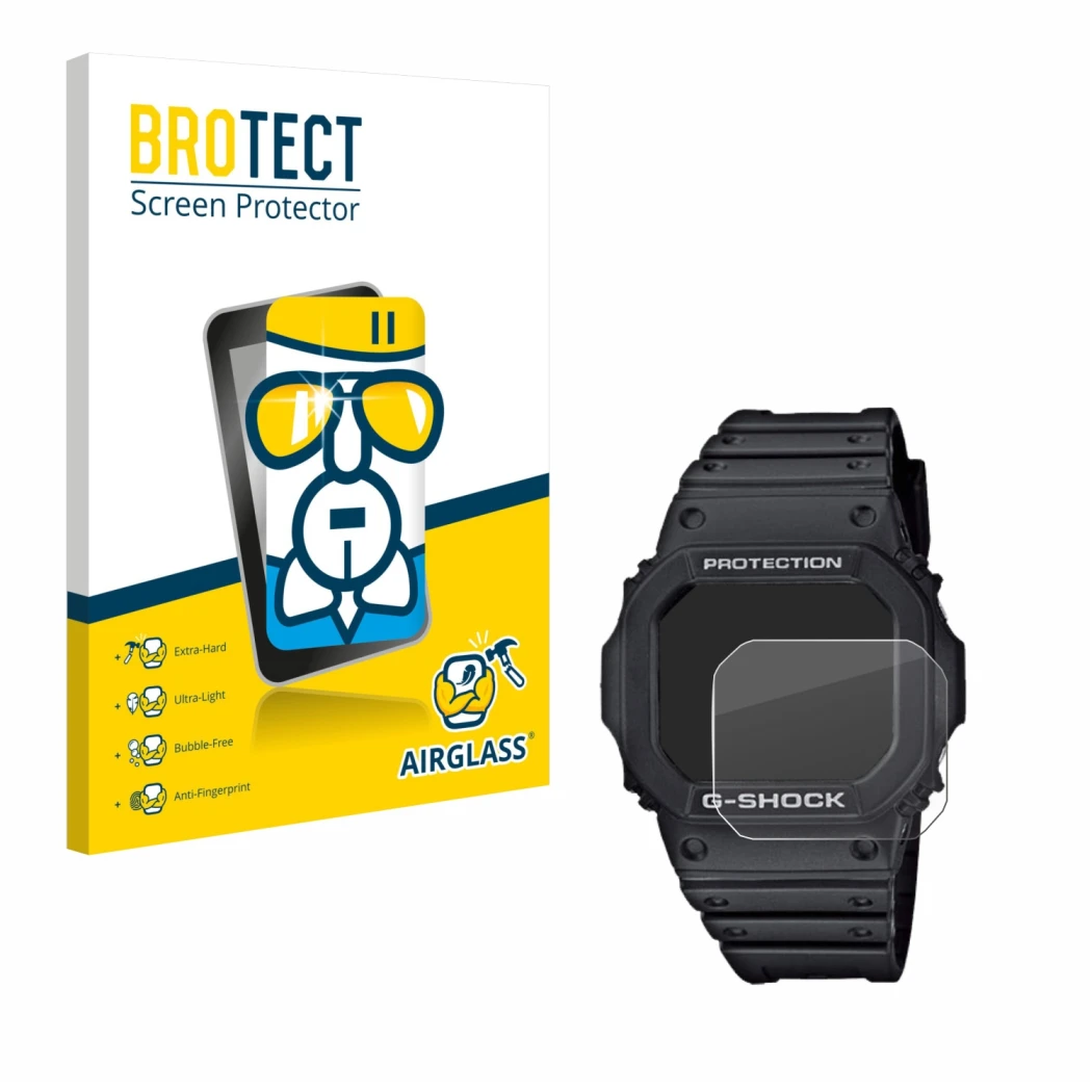 Front side of a product packaging with the brand logo BROTECT. Next to it is the device Casio G-Shock GW-M5610-1ER shown with 