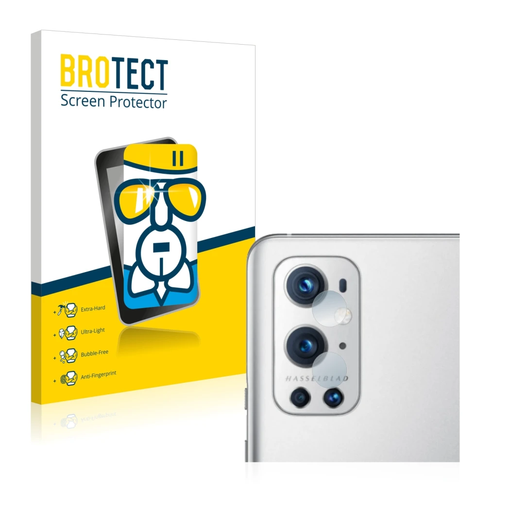 Front side of a product packaging with the brand logo BROTECT. Next to it is the device OnePlus 9 Pro (ONLY Camera Lens) shown