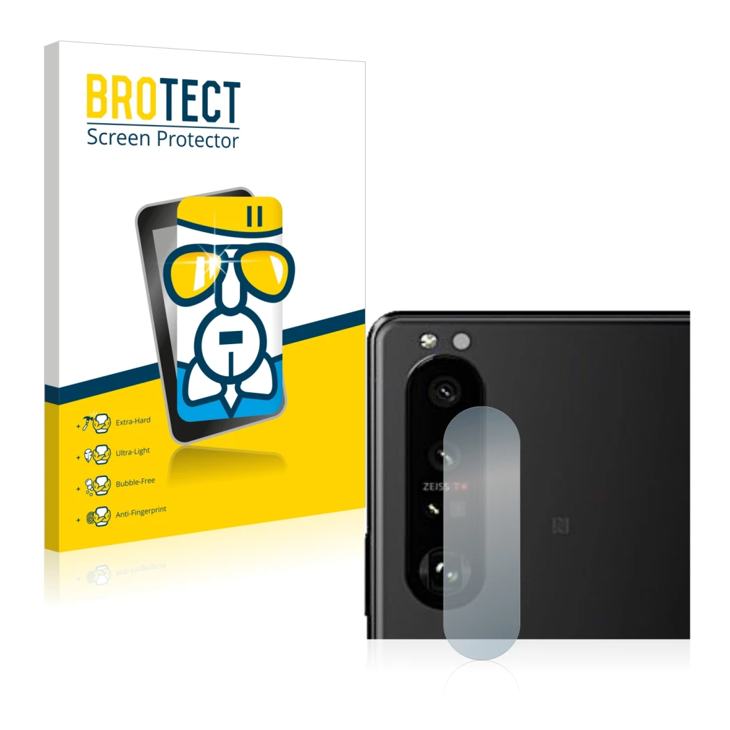 Front side of a product packaging with the brand logo BROTECT. Next to it is the device Sony Xperia 5 III (ONLY Camera Lens) s