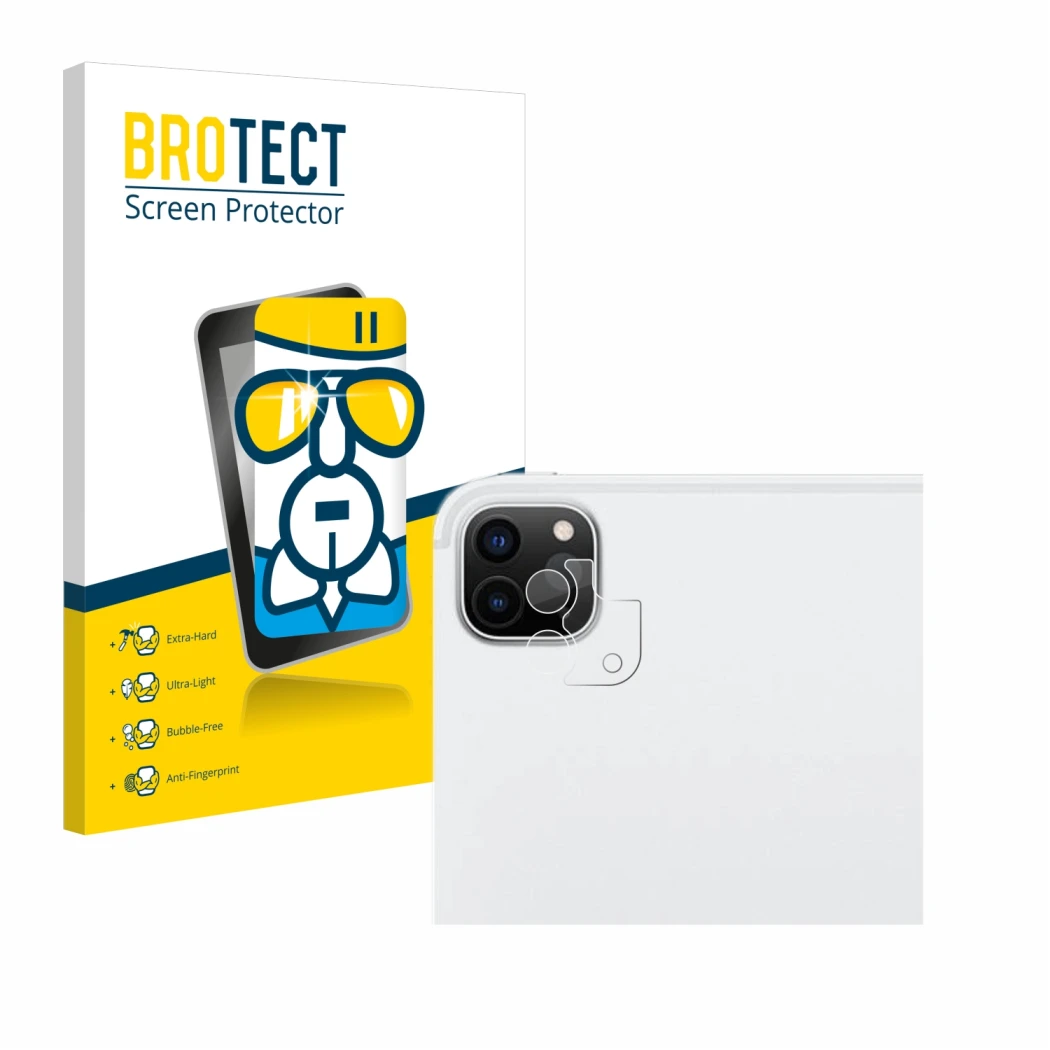 Front side of a product packaging with the brand logo BROTECT. Next to it is the device Apple iPad Pro 12.9