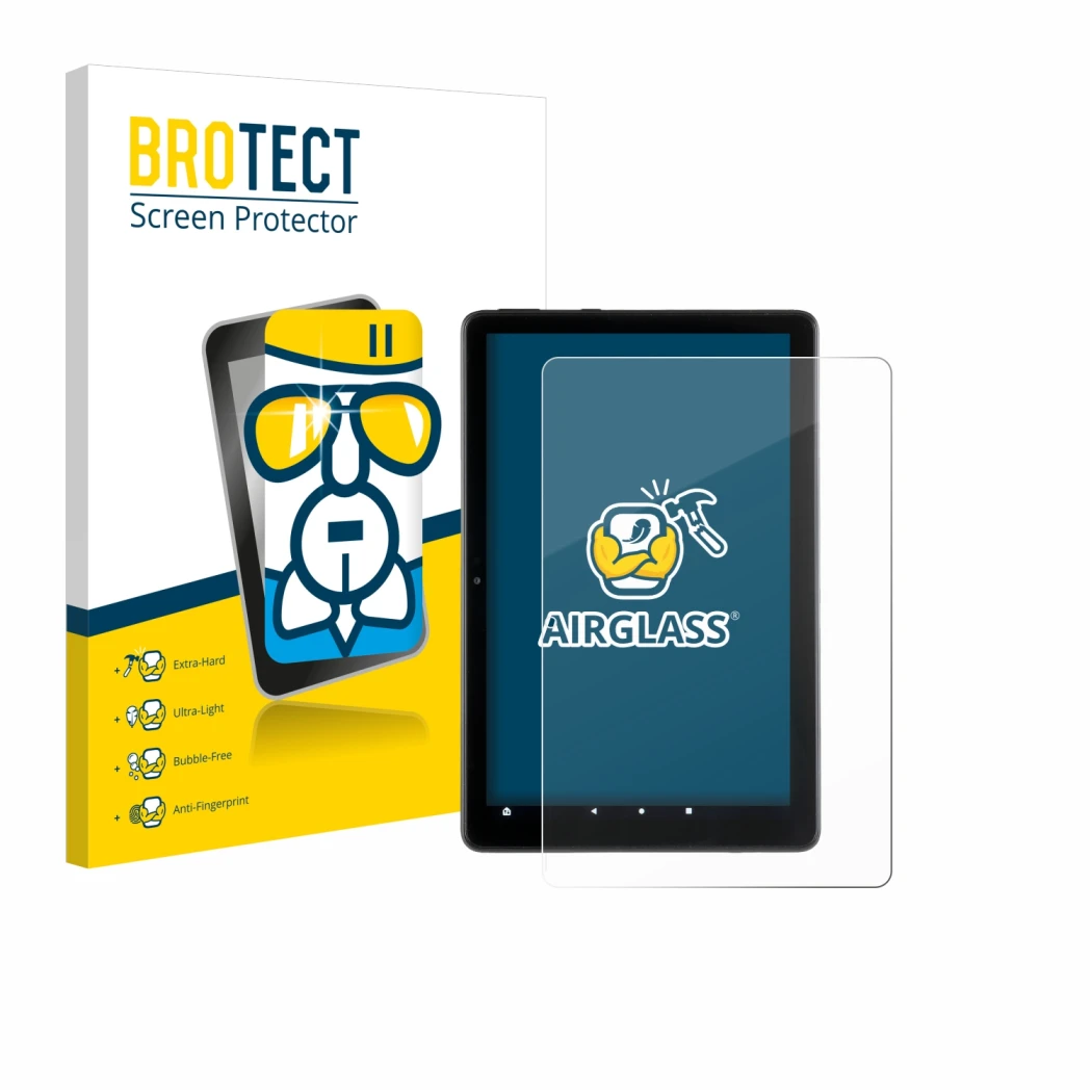 Front side of a product packaging with the brand logo BROTECT. Next to it is the device Amazon Fire HD 10 2021 (11th Gen.) sho