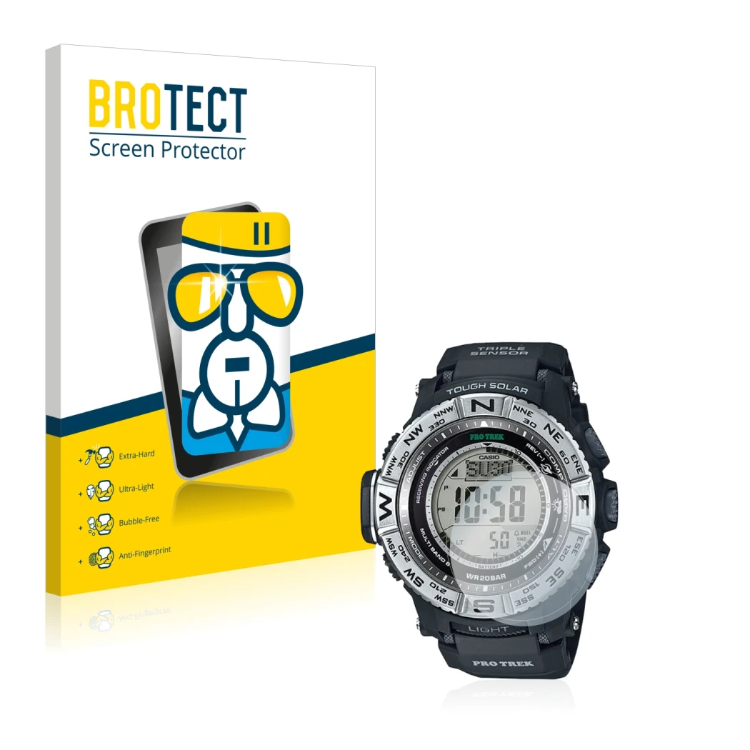 Front side of a product packaging with the brand logo BROTECT. Next to it is the device Casio Pro Trek PRW-3500-1 shown with t