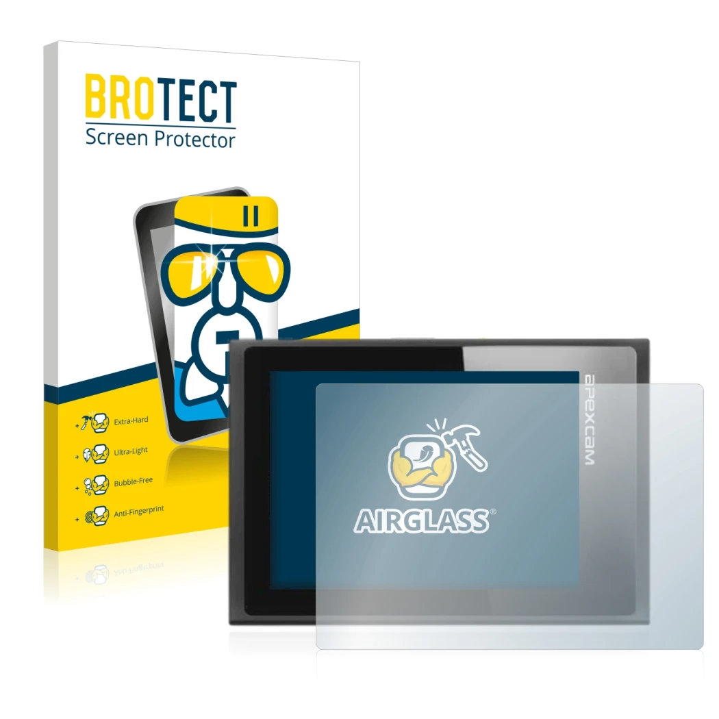 Front side of a product packaging with the brand logo BROTECT. Next to it is the device Apexcam ‎M80 Air shown with the corres