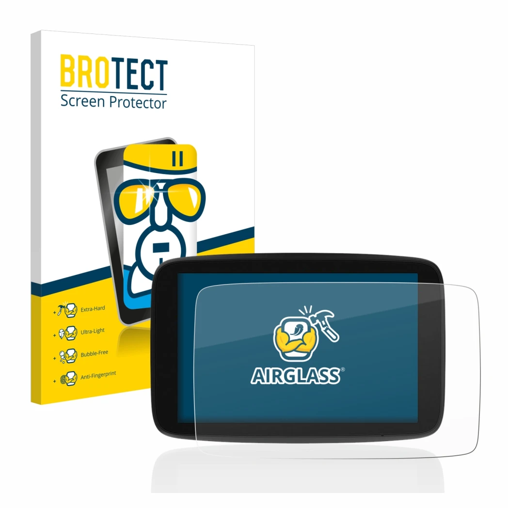 Front side of a product packaging with the brand logo BROTECT. Next to it is the device TomTom Go Expert 7