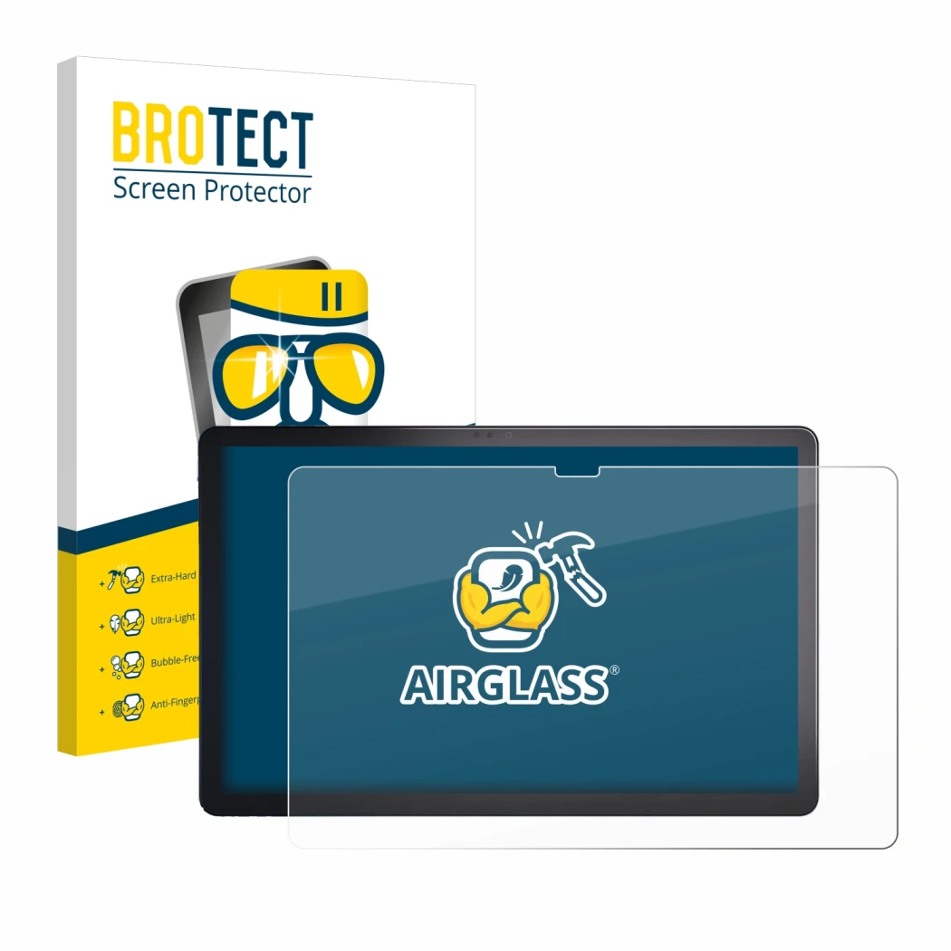 Front side of a product packaging with the brand logo BROTECT. Next to it is the device Lenovo Tab P11 Plus shown with the cor