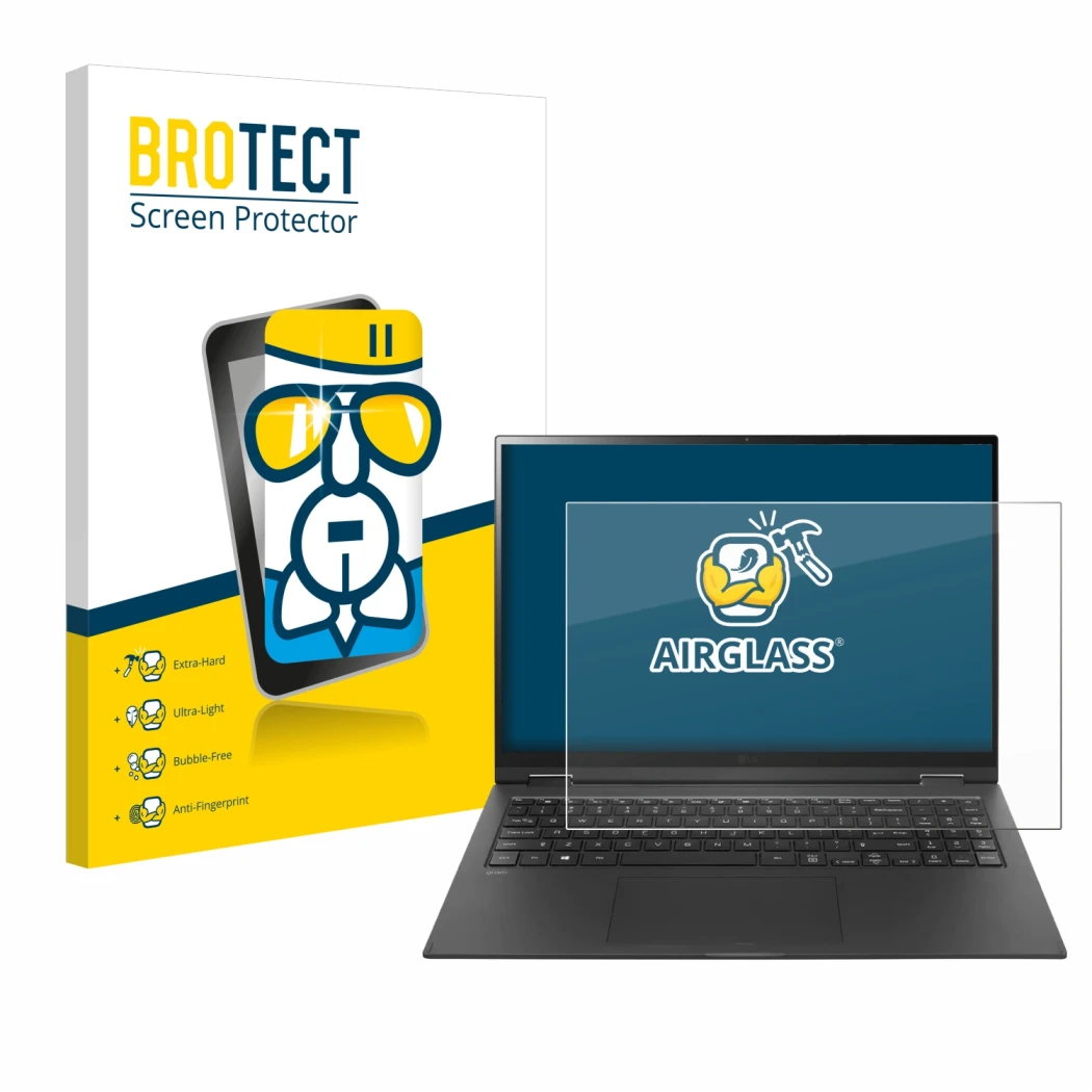 Front side of a product packaging with the brand logo BROTECT. Next to it is the device LG gram 16'' 2-in-1 Touch shown with t