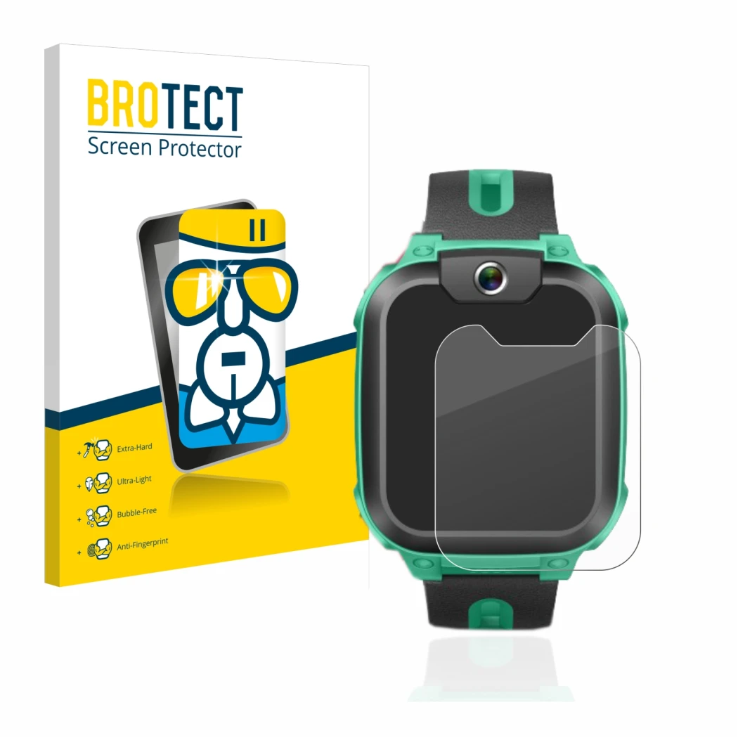 Front side of a product packaging with the brand logo BROTECT. Next to it is the device Imoo Watch Phone Z1 shown with the cor