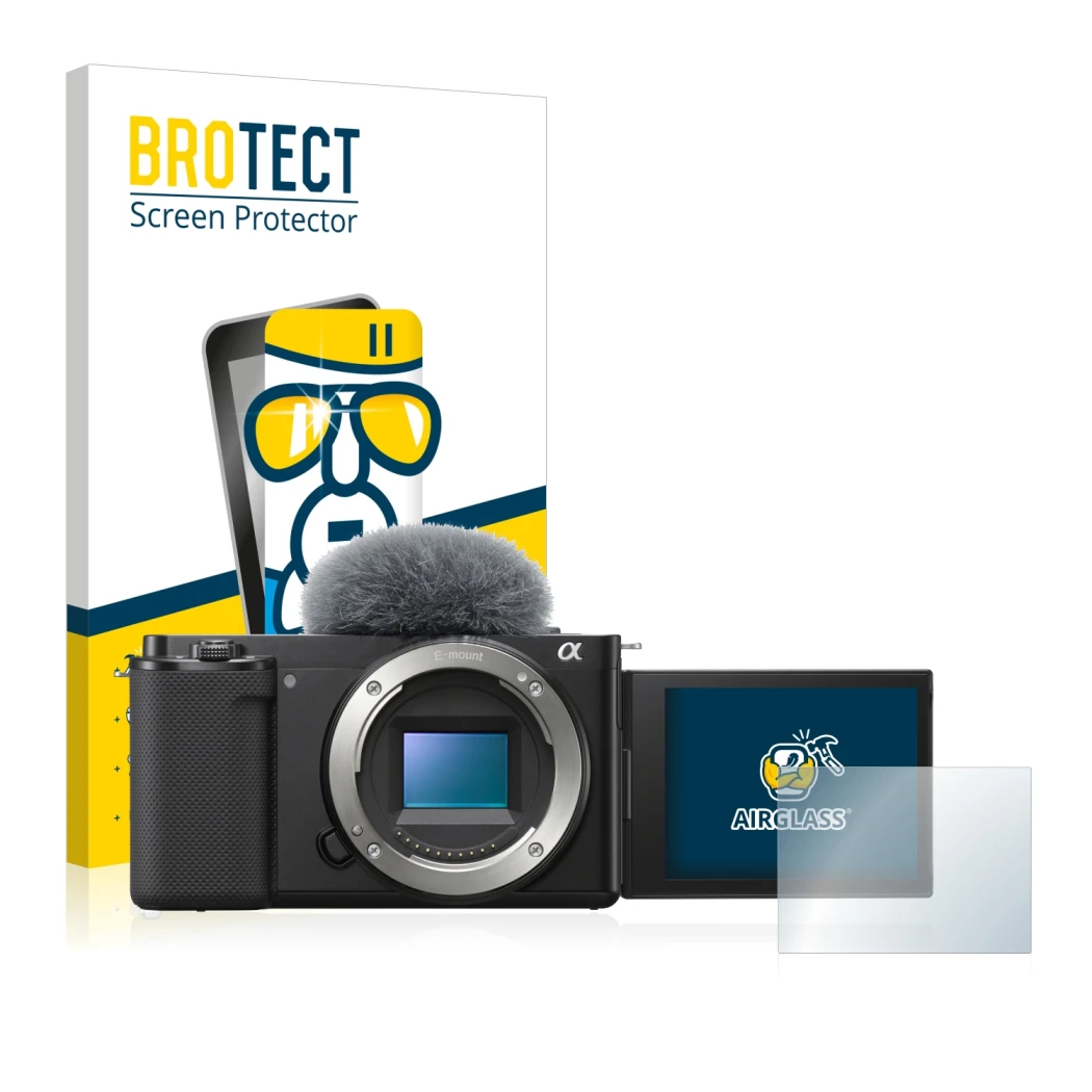 Front side of a product packaging with the brand logo BROTECT. Next to it is the device Sony Alpha ZV-E10 shown with the corre