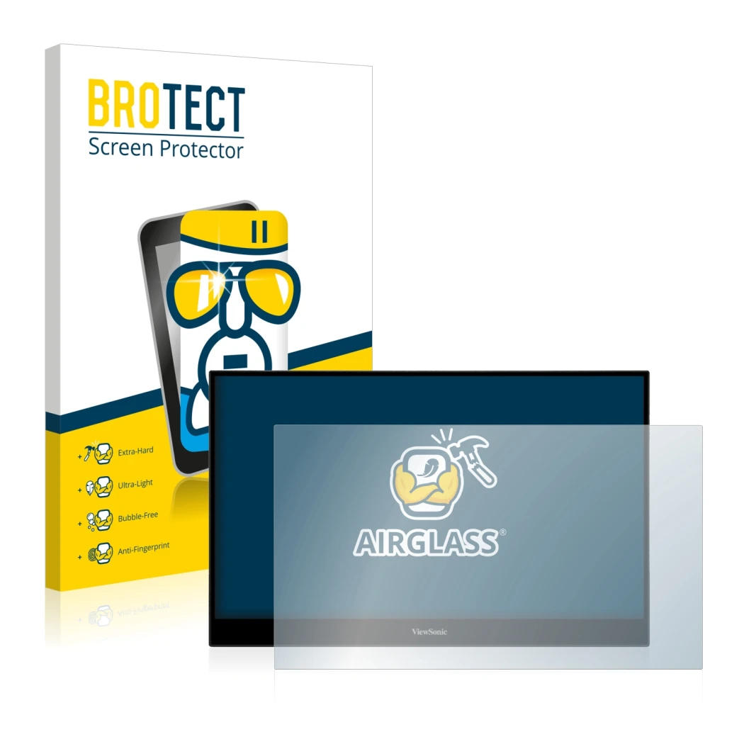 Front side of a product packaging with the brand logo BROTECT. Next to it is the device ViewSonic TD1655 shown with the corres